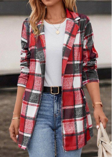 Red Pocket Plaid Long Sleeve Lapel Coat