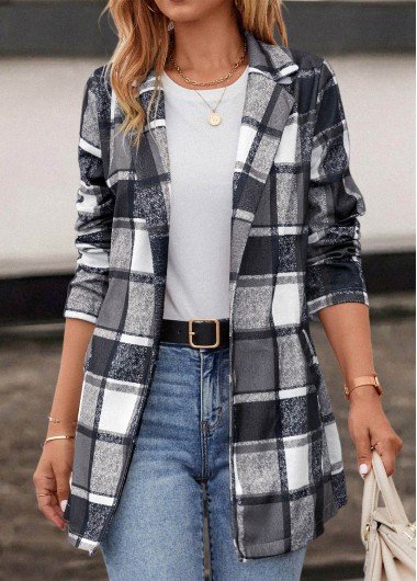 Dark Grey Pocket Plaid Long Sleeve Lapel Coat