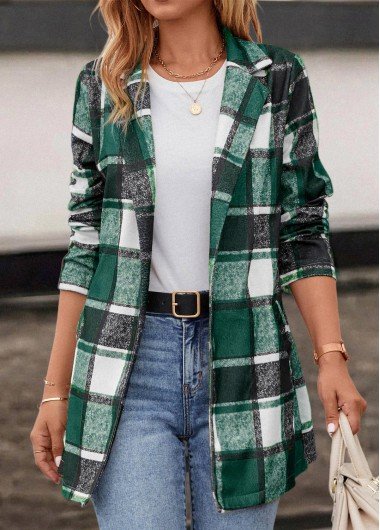 Green Pocket Plaid Long Sleeve Lapel Coat