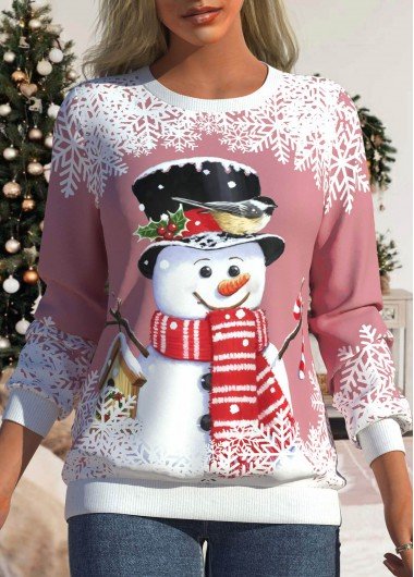 Pink Christmas Snowflake Print Long Sleeve Sweatshirt