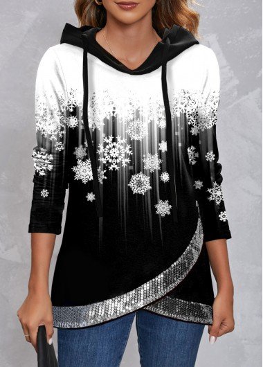 Christmas Snowflake Print Cross Hem Sequin Black Hoodie