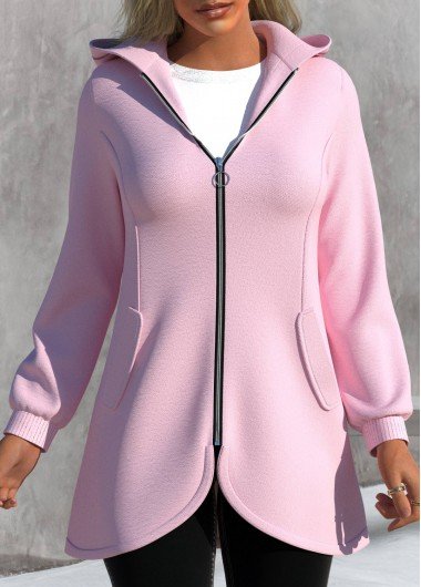 Pink Zipper Long Sleeve Asymmetric Hem Jacket