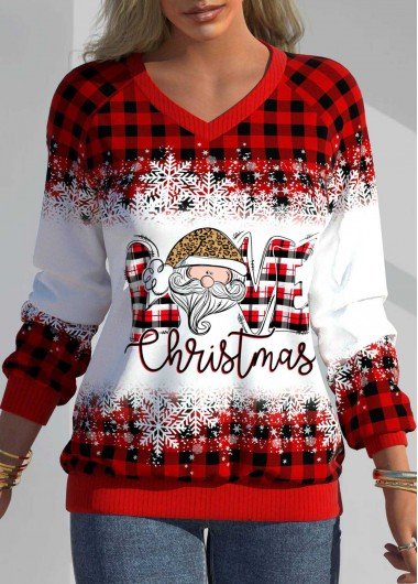 Red Christmas Print Long Sleeve V Neck Sweatshirt