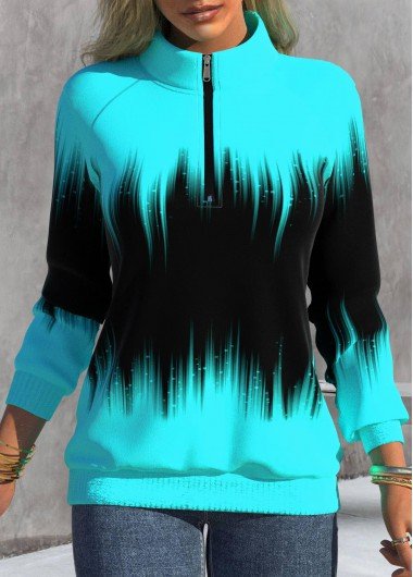 Cyan Zipper Ombre Long Sleeve High Neck Sweatshirt