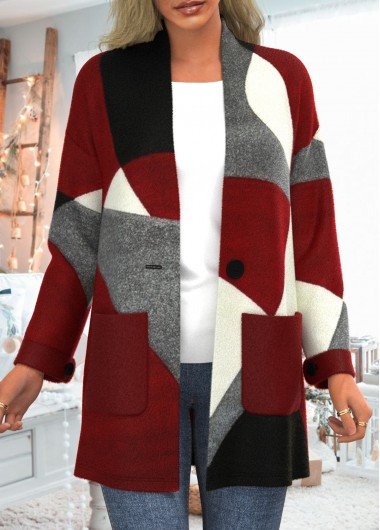 Wine Red Pocket Geometric Print Long Sleeve Coat