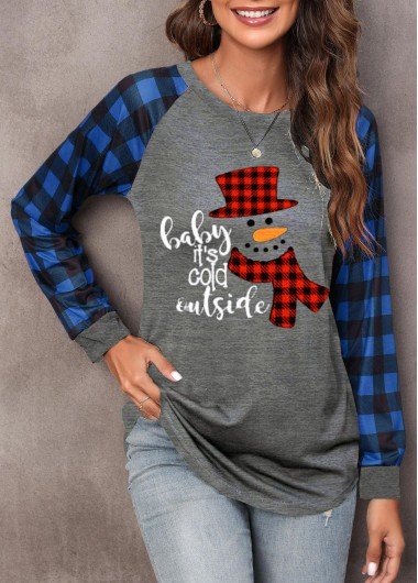 Blue Christmas Snowman Print Long Sleeve Sweatshirt