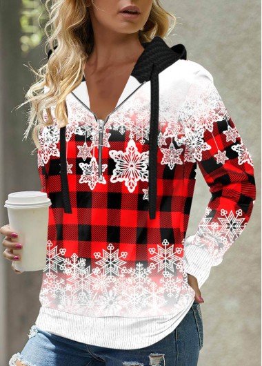 Zipper Snowflake Print Long Sleeve Hoodie