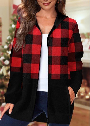 Black Pocket Tartan Print Long Sleeve Coat