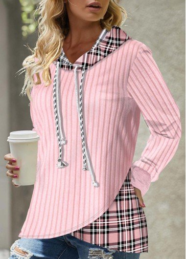 Pink Patchwork Tartan Print Long Sleeve Hoodie