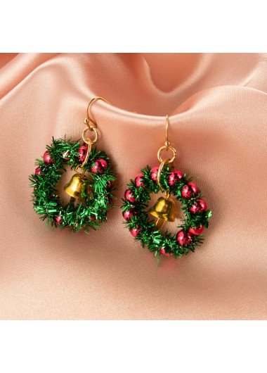 Green Round Christmas Wreath Design Earrings