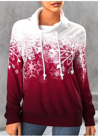 Christmas Wine Red Drawstring Snowflake Print Sweatshirt