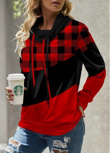 Red Drawstring Plaid Long Sleeve Cowl Neck Sweatshirt