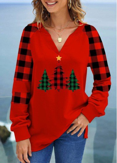 Red Christmas Tree Print V Neck Sweatshirt