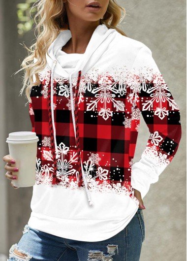 Red Plaid Long Sleeve Cowl Neck Sweatshirt