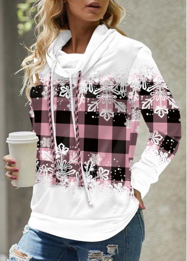 Pink Drawstring Snowflake Print Long Sleeve Sweatshirt