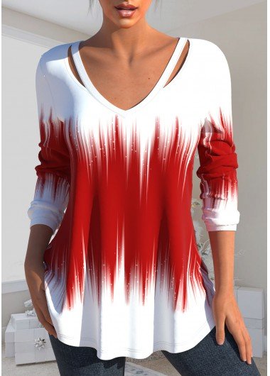 Red Cut Out Ombre Long Sleeve T Shirt