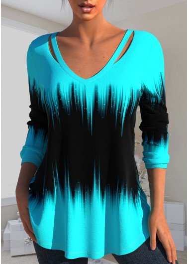 Cyan Cut Out Ombre Long Sleeve T Shirt