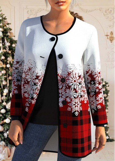 Red Button Snowflake Print Long Sleeve Coat