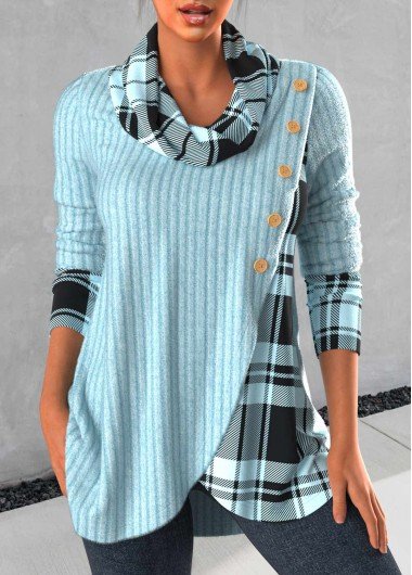 Light Blue Cross Hem Tartan Print Sweatshirt