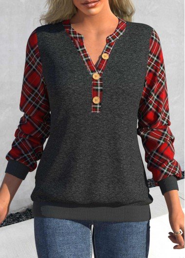 Dark Grey Marl Button Tartan Print Sweatshirt