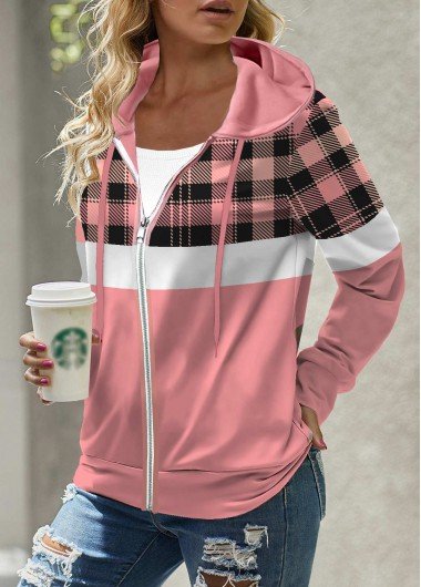 Pink Zipper Plaid Long Sleeve Hoodie