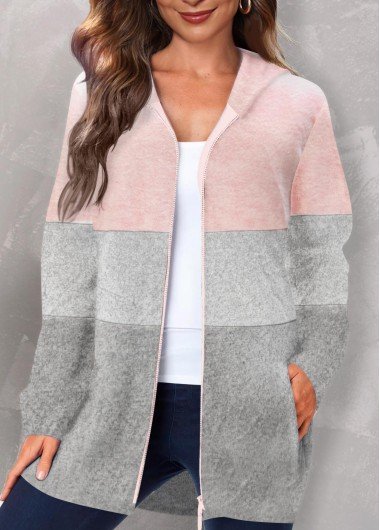 Pink Patchwork Long Sleeve Hooded Coat