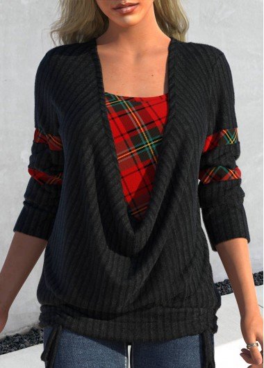 Black Faux Two Piece Tie Side Plaid Sweatshirt