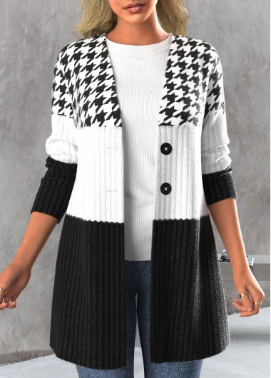 Black Houndstooth Print Long Sleeve Button Coat