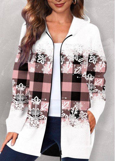 Pink Pocket Plaid Long Sleeve Hooded Coat