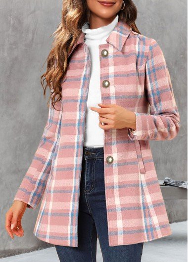 Pink Pocket Plaid Long Sleeve Shirt Collar Coat