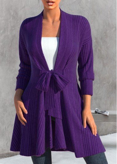 Dark Purple Bowknot Long Sleeve Cardigan