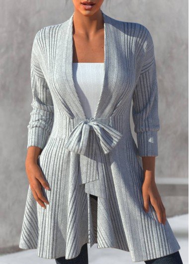 Grey Bowknot Long Sleeve Tie Collar Cardigan