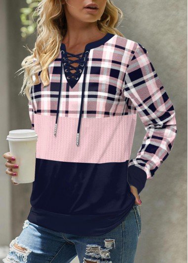 Light Pink Lace Up Plaid Long Sleeve Sweatshirt