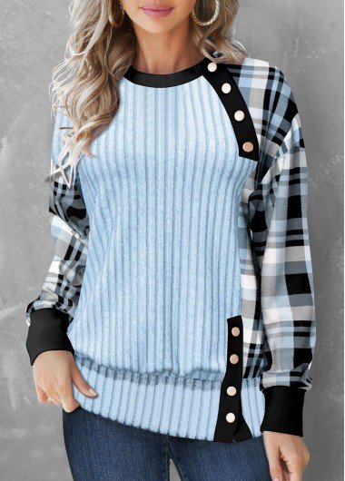 Light Blue Button Plaid Long Sleeve Sweatshirt