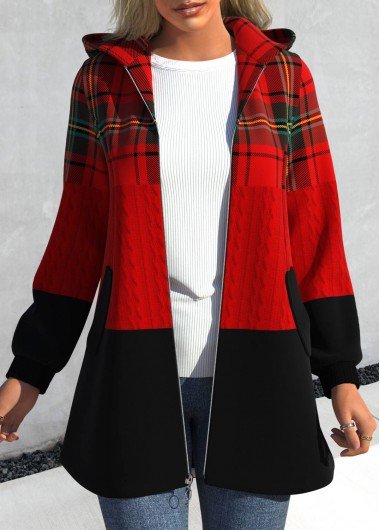 Red Zipper Plaid Long Sleeve Hooded Jacket