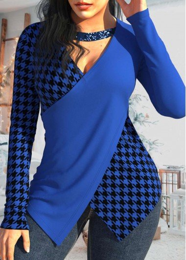 Royal Blue Patchwork Houndstooth Print T Shirt