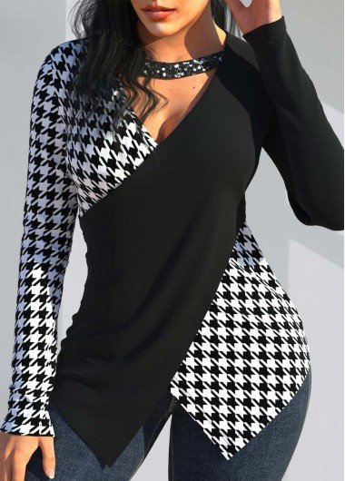 Black Sequin Houndstooth Print Long Sleeve T Shirt