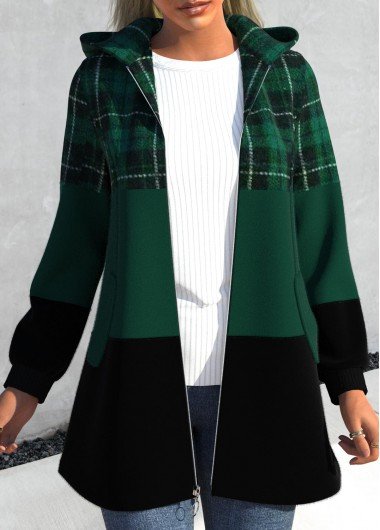 Blackish Green Patchwork Plaid Long Sleeve Hooded Jacket