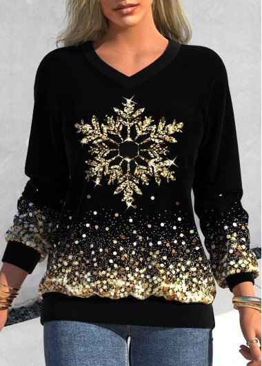 Black Snowflake Print Long Sleeve V Neck Sweatshirt