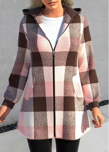 Pink Zipper Tartan Print Long Sleeve Hooded Jacket