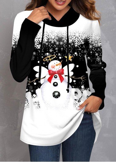 Black Christmas Snowman Print Long Sleeve Hoodie