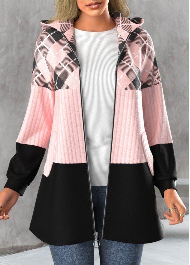 Light Pink Zipper Plaid Long Sleeve Hooded Jacket