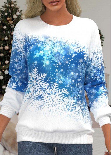 White Snowflake Print Long Sleeve Round Neck Sweatshirt