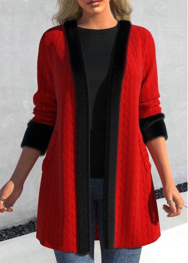 Red Pocket Contrast Long Sleeve Coat