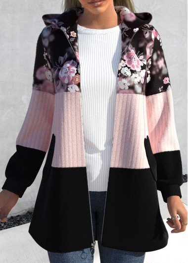 Light Pink Zipper Closure Floral Print Jacket