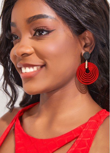 Red Round Design Rhinestone Alloy Earrings