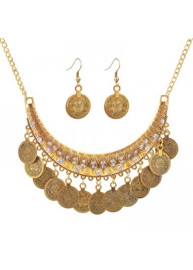 Gold Rhinestone Design Alloy Detail Earrings and Necklace