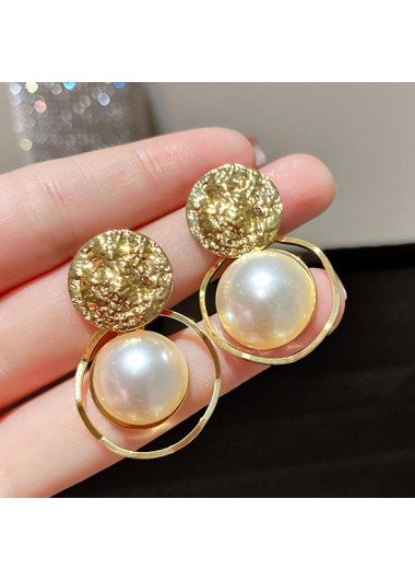 Gold Round Metal Detail Pearl Earrings