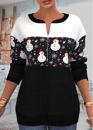 Christmas Black Patchwork Snowman Print Long Sleeve Sweatshirt