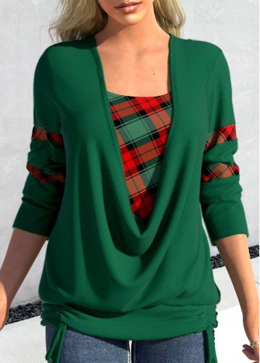 Blackish Green Drawstring Plaid Long Sleeve Sweatshirt